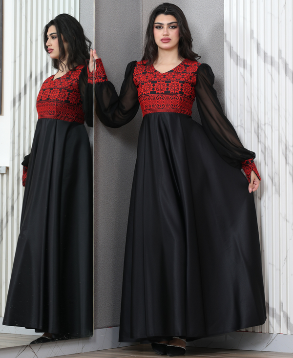 Heritage Embroidered Dress with Sheer Sleeves – Elegant Full-Length Design #9