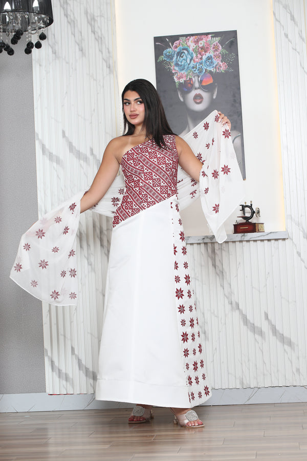 One-Shoulder Heritage Embroidered Dress with Flowing Bell Sleeves #1073